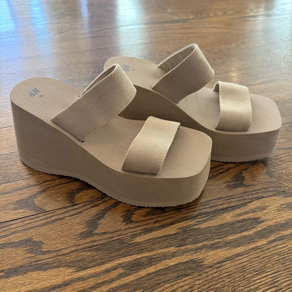 H&M Women's Beige Wedge-Heeled Mule Sandals
